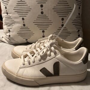 Veja White Leather Sneakers with Gray Suede V Detail